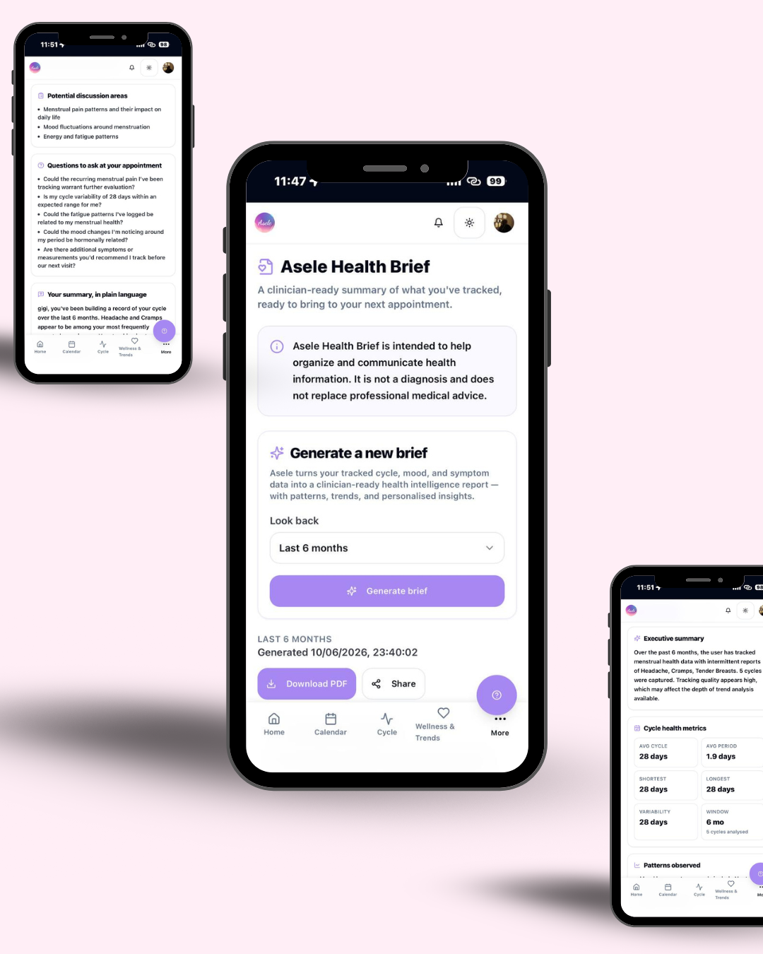 The Asele Health Brief shown across three phone screens