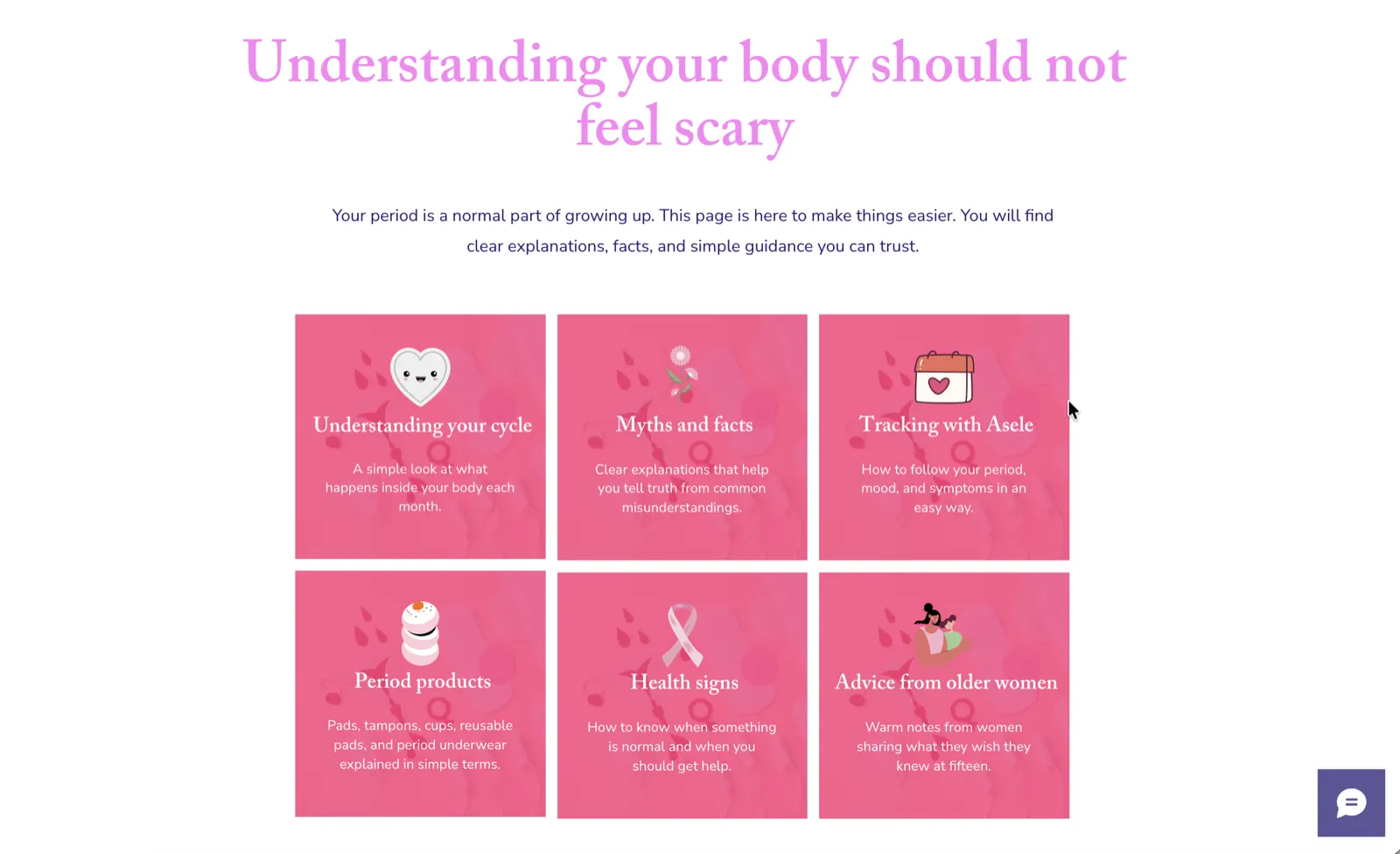 Asele teen period education page with cards on cycle, myths, tracking, and period products