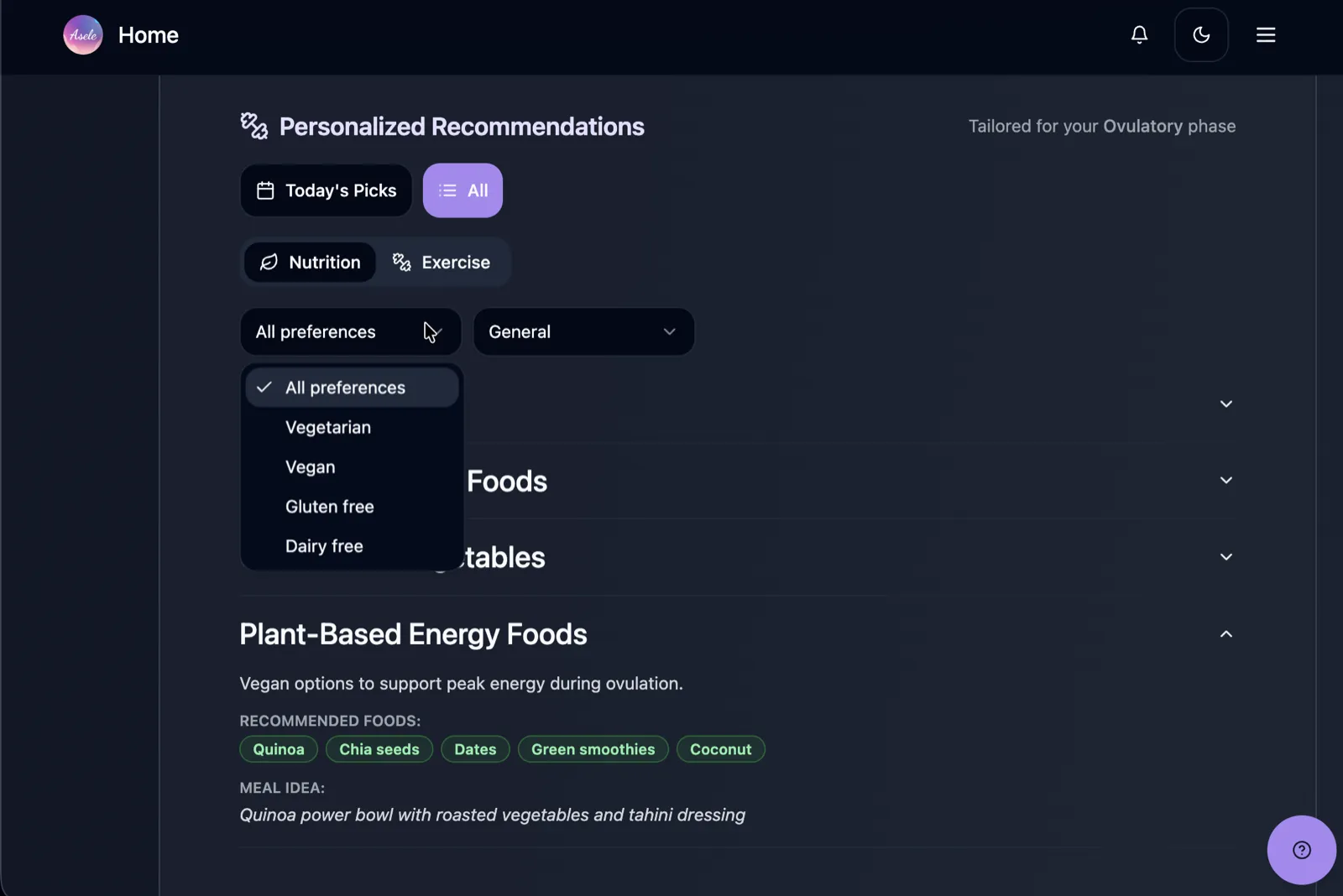Asele personalized nutrition for the ovulatory phase with a dietary preference selector