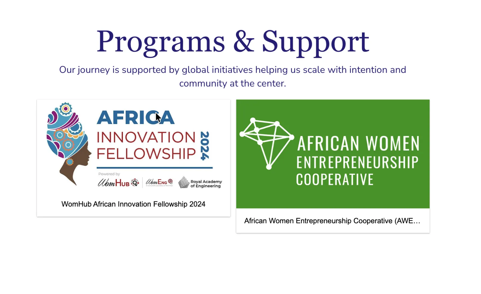 Programs and Support page featuring the WomHub Africa Innovation Fellowship and AWEC