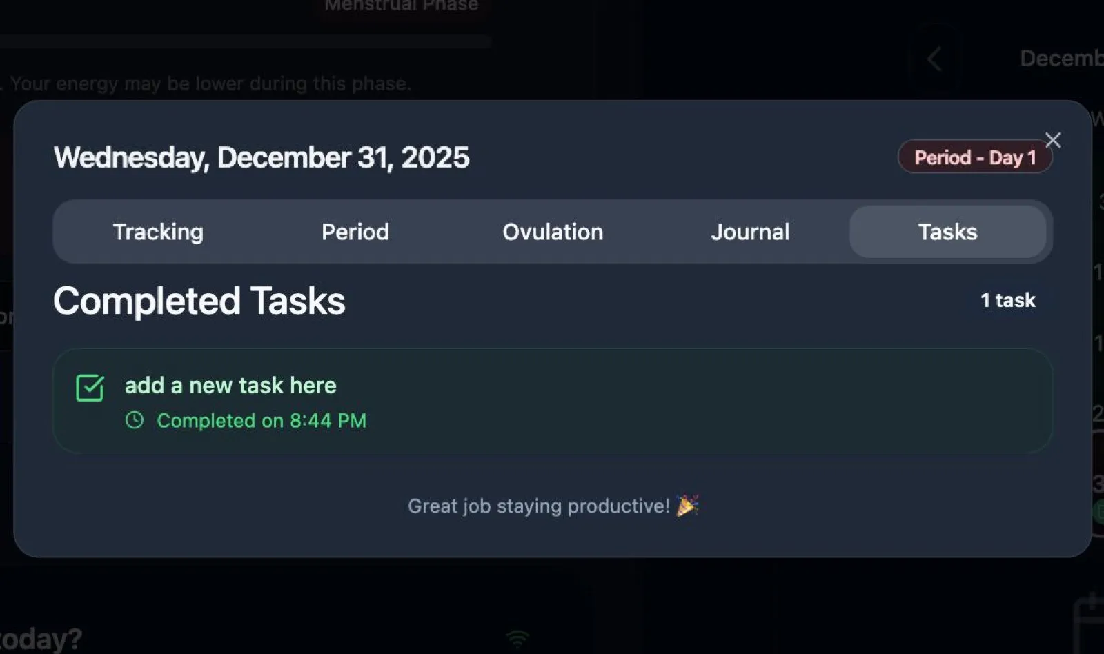 Asele daily overview showing completed tasks for a period day