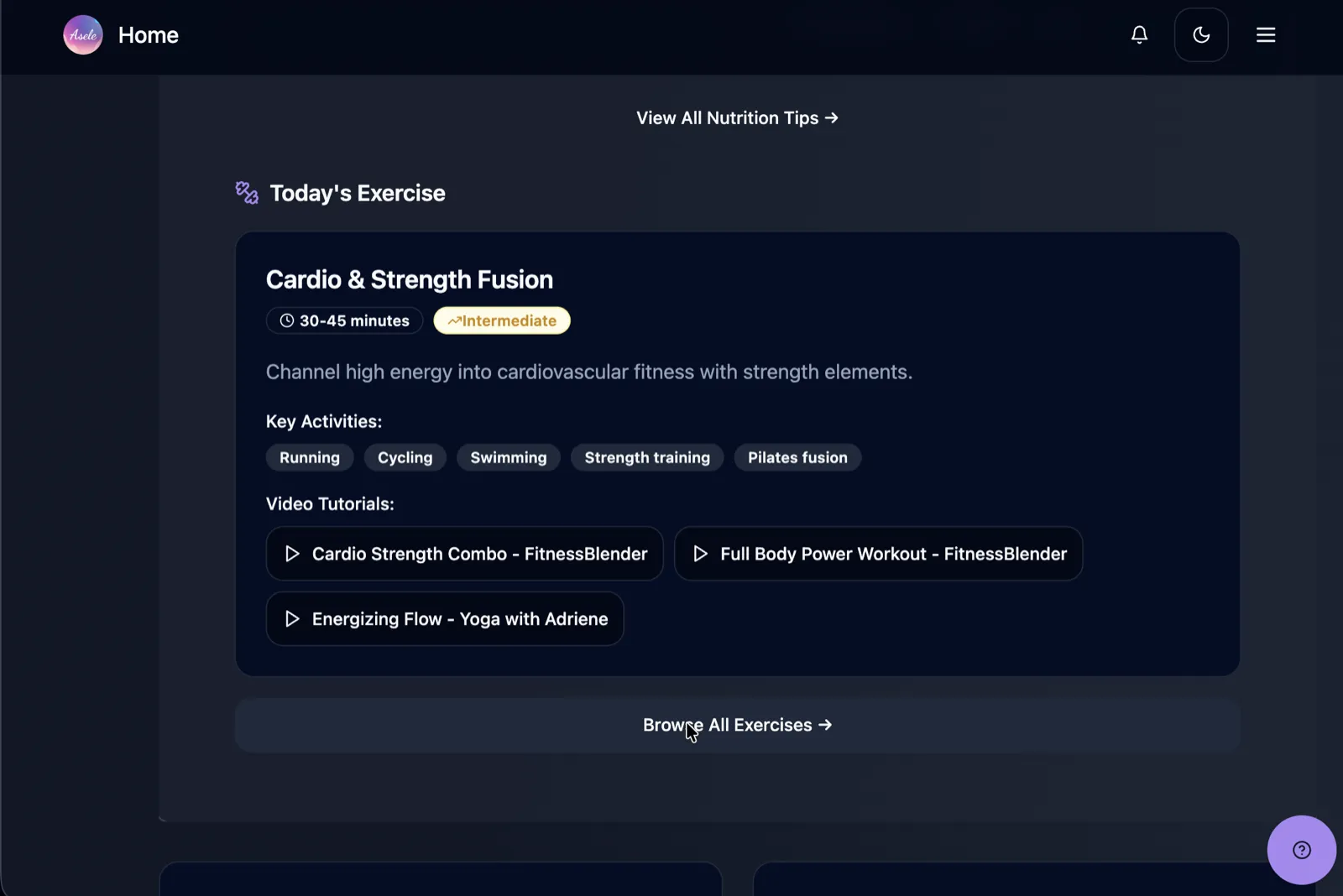 Asele daily exercise card with a cardio and strength workout and video tutorials