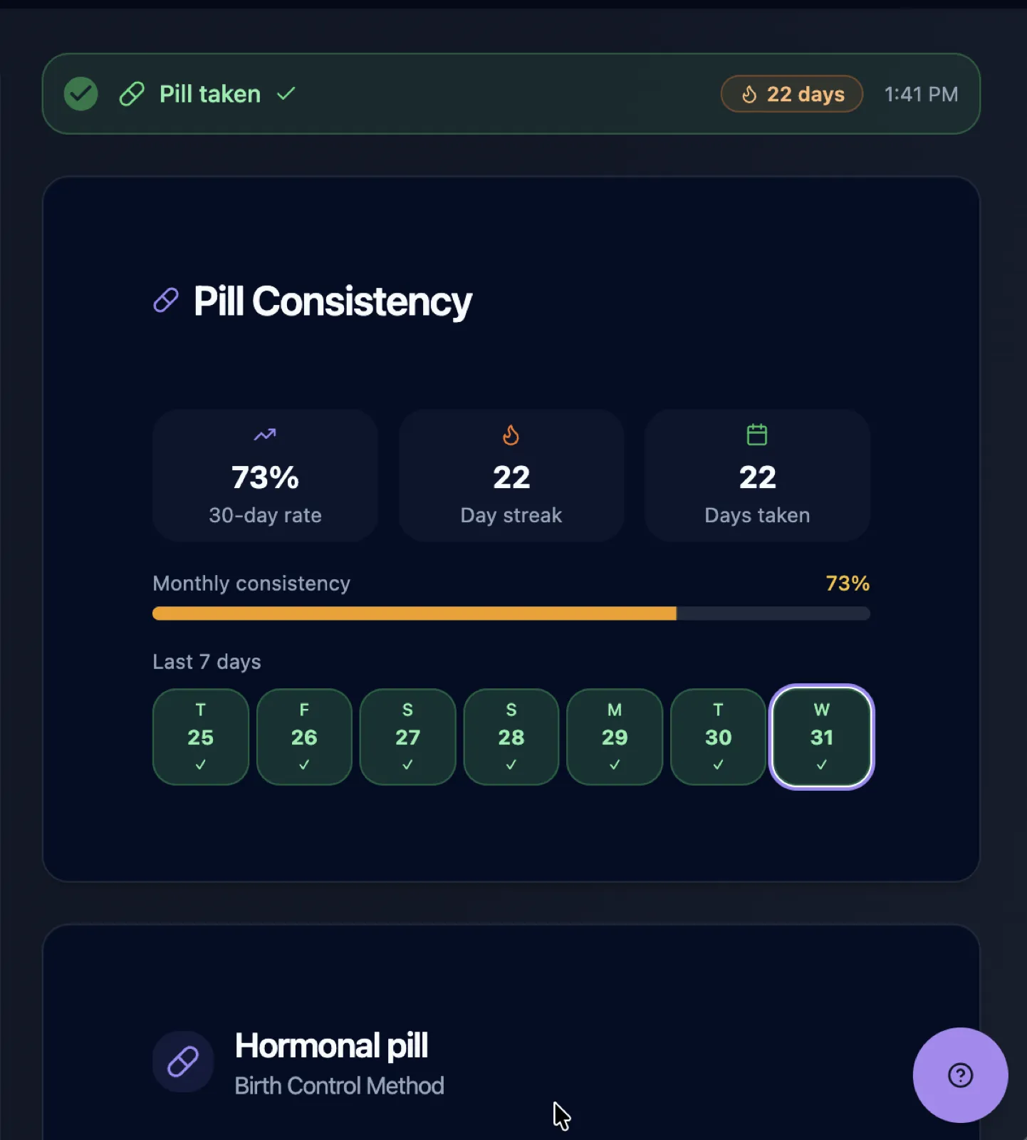 Asele pill tracker showing a 22-day streak and daily log