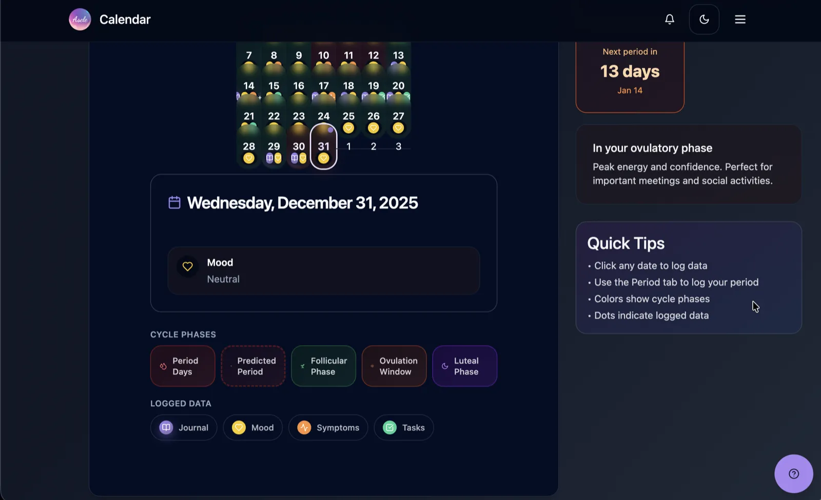 Asele cycle calendar day detail with mood, phase legend, and next-period countdown