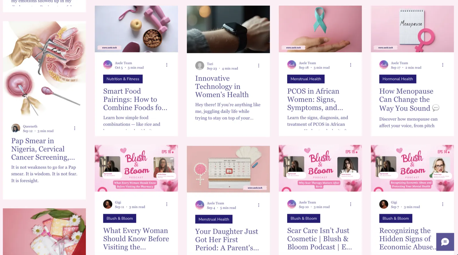 Asele blog feed of women's health articles and Blush and Bloom podcast posts