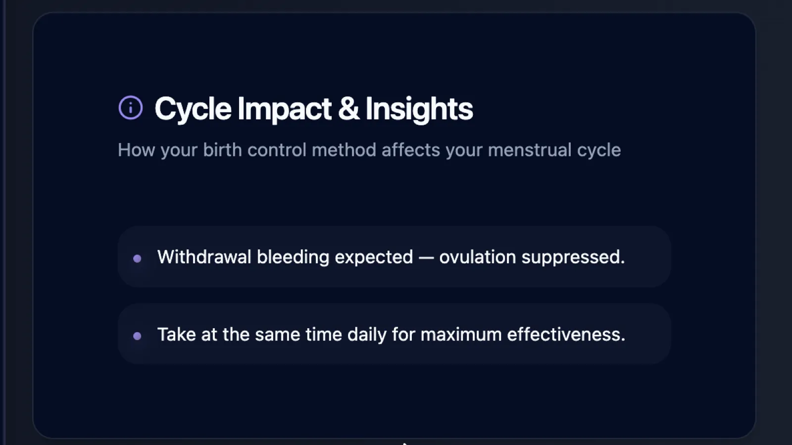 Asele insights card explaining how birth control affects the menstrual cycle