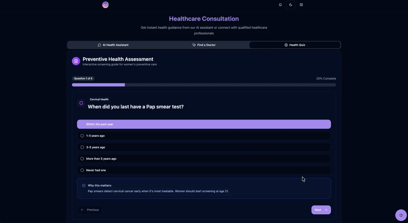 Asele preventive health assessment asking when the user last had a Pap smear