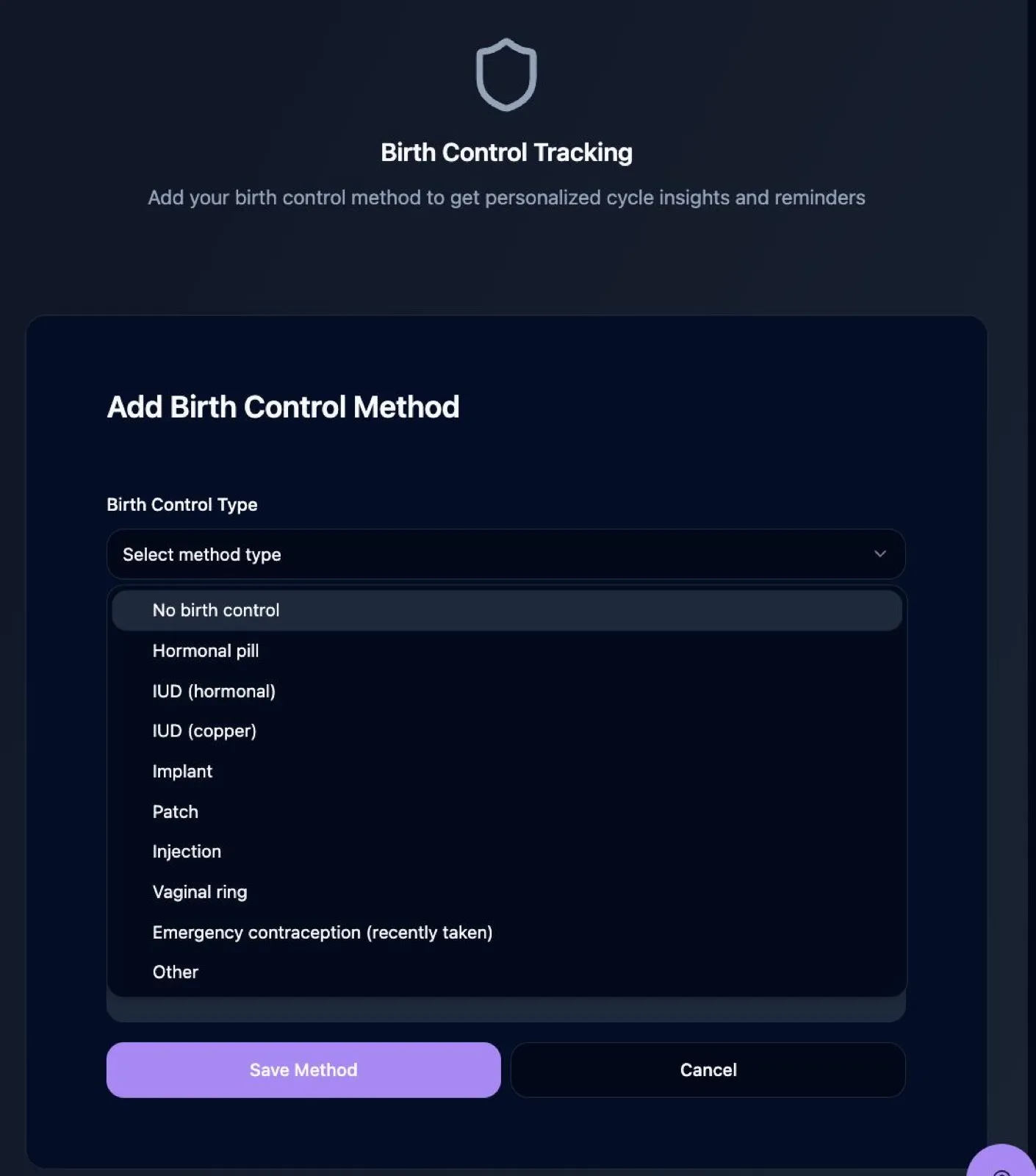 Asele add birth control screen with a dropdown of contraceptive types