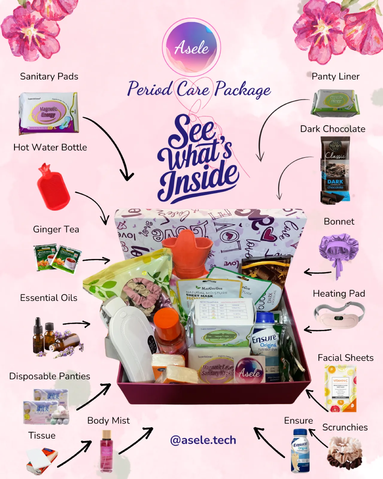 Opened Asele period care package box showing pads and snacks