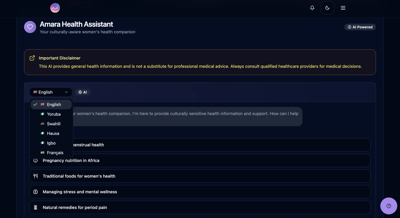 Amara AI health assistant chat with a multilingual selector including Yoruba and Swahili