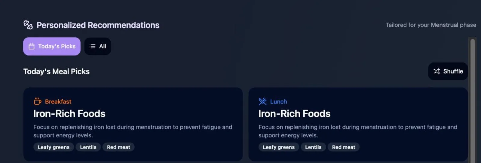Asele meal picks for the menstrual phase with iron-rich breakfast and lunch cards