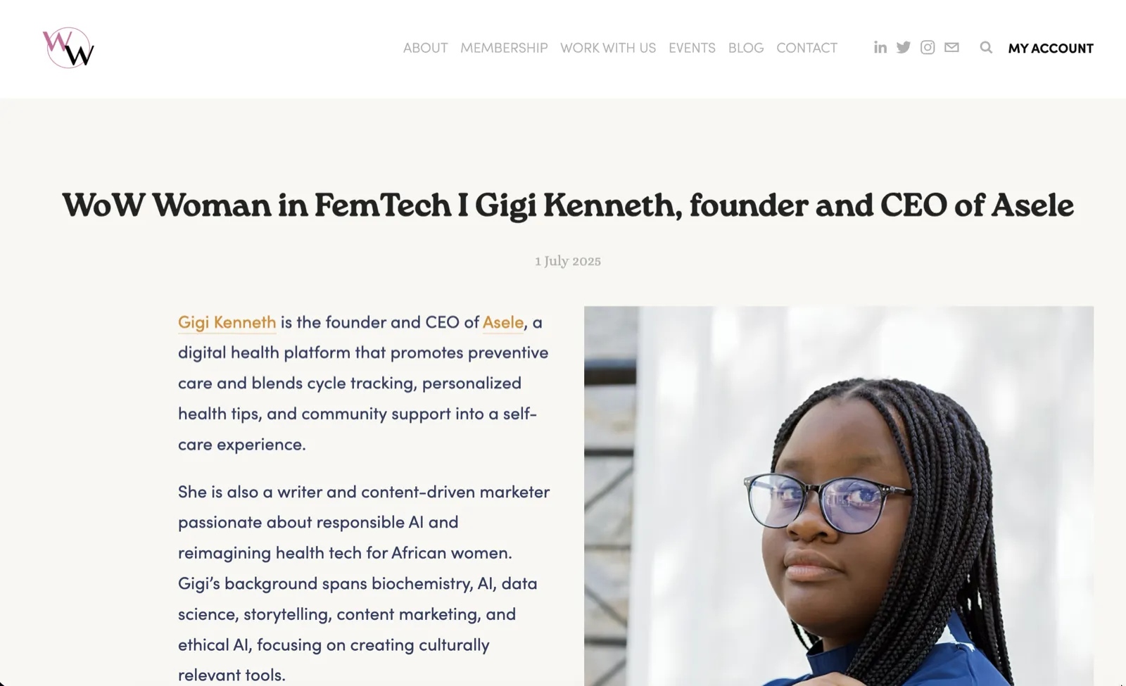 Women of Wearables feature profiling Gigi Kenneth, founder and CEO of Asele