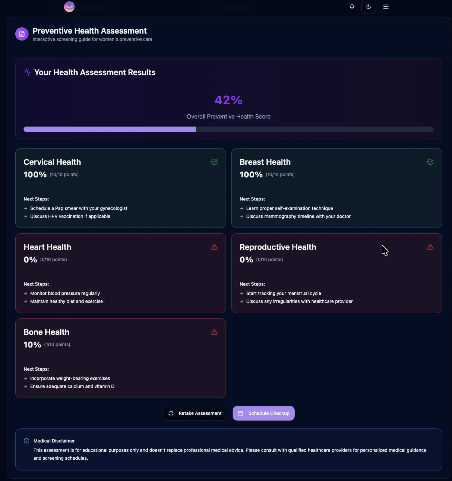 Asele preventive health assessment results with an overall score and next steps