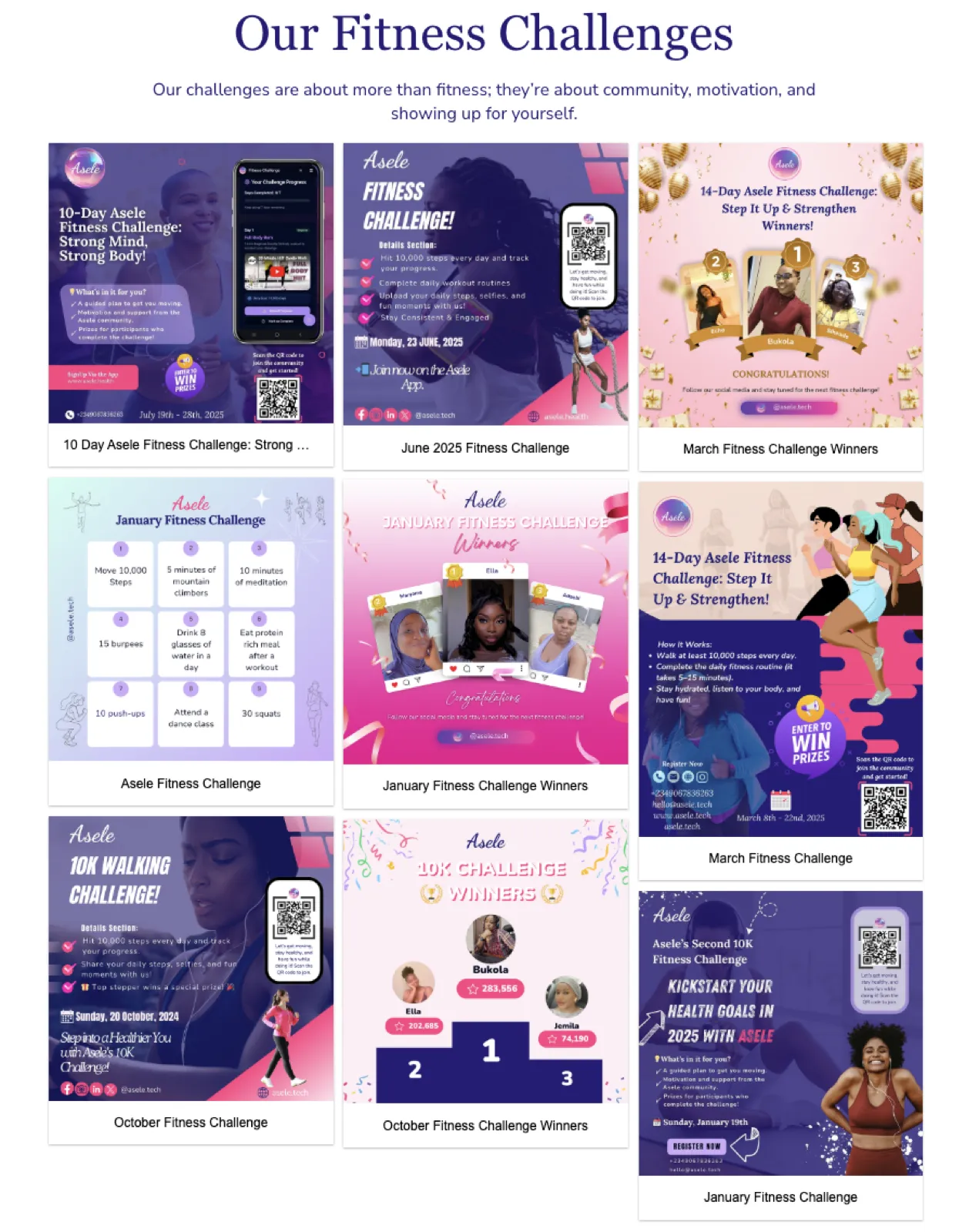 Asele fitness challenge graphics for community walking and strength challenges