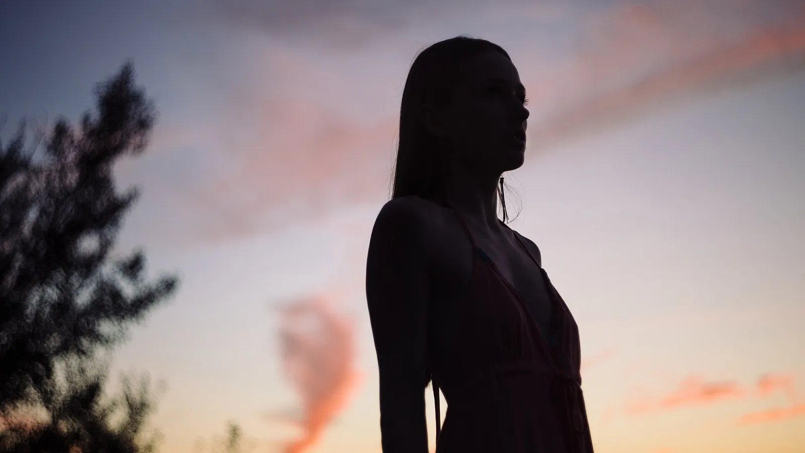 The silhouette of a woman standing against a pink and lilac sunset sky